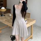 Long-sleeve Cardigan / Sleeveless Pleated Dress