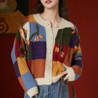 Color Block Floral Embroidered Cardigan