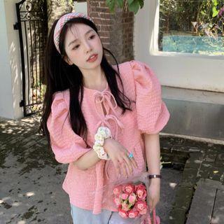 Puff-sleeve Shirred Blouse Pink - One Size