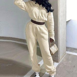 Set: Hooded Zip Cropped Jacket + Sweatpants