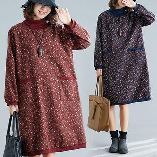 Long-sleeve Floral Mock Neck Dress