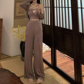 Asymmetrical Camisole Top / Lace Trim Cardigan / Wide-leg Pants / Set