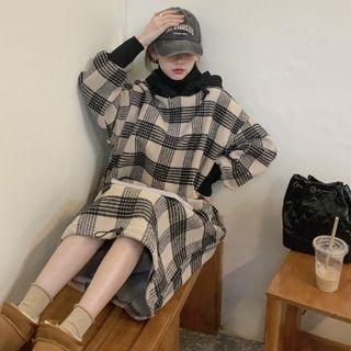 Lantern-sleeve Hooded Plaid Midi A-line Dress Plaid - Black & Beige - One Size
