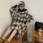 Lantern-sleeve Hooded Plaid Midi A-line Dress Plaid - Black & Beige - One Size