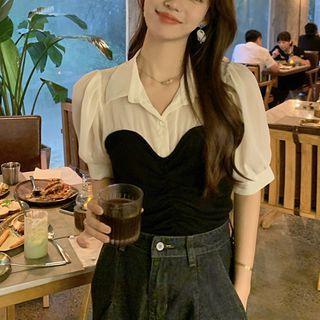 Puff Short-sleeve Panel Mesh Top