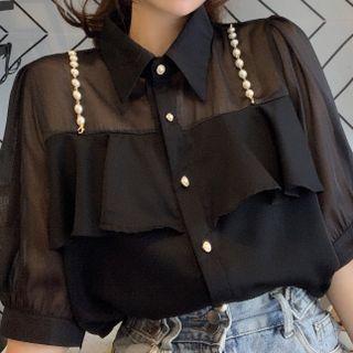 Short-sleeve Mesh Panel Ruffle Trim Blouse
