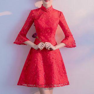 Elbow-sleeve Mandarin Collar A-line Cocktail Dress