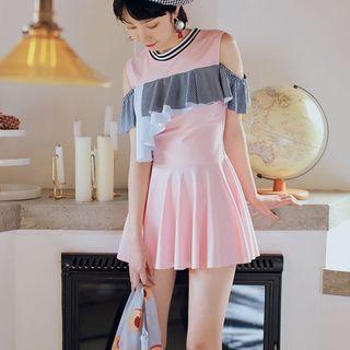 Striped Panel Cold Shoulder Swimdress