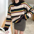 Striped Loose-fit Sweater / Plain Slim-fit Skirt