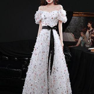 Short-sleeve Printed Fringed A-line Evening Gown
