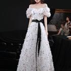 Short-sleeve Printed Fringed A-line Evening Gown