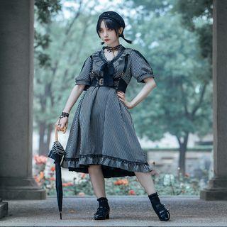 Puff-sleeve Striped Frill Trim A-line Dress / Harness Belt / Set