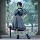 Puff-sleeve Striped Frill Trim A-line Dress / Harness Belt / Set