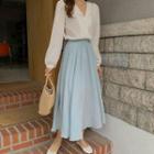 Plain Long-sleeve Blouse / Midi A-line Skirt