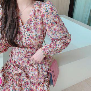 Long-sleeve Floral Print Mini Sheath Dress Floral - Pink & White - One Size