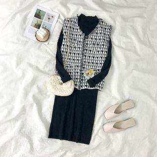 Long-sleeve Knit Midi Dress / Plaid Vest