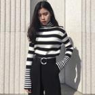 Knit Turtleneck Sweater Stripes - Black & White - One Size