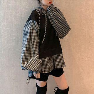 Mock Two-piece Gingham Hoodie