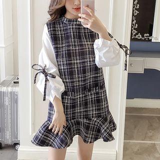 Long-sleeve Plaid Panel Mini Dress