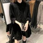 Long-sleeve Tiered Velvet Mini A-line Shirtdress Black - One Size