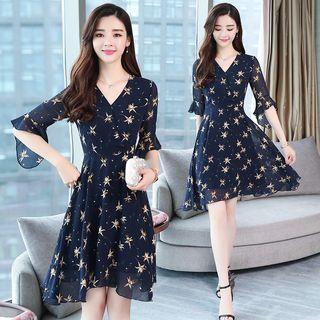 V-neck Flower Print Elbow-sleeve A-line Dress