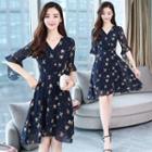 V-neck Flower Print Elbow-sleeve A-line Dress