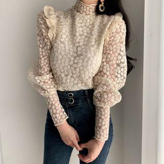 Stand Collar Mesh Top Almond - One Size