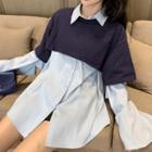 Set: Cut-out Flared-sleeve Shirt + Short-sleeve Crop Top Blue - One Size