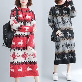 Deer Pattern Long-sleeve Midi Knit Dress