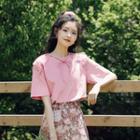 Set: Plain Short-sleeve T-shirt + Lace Shawl Set - Pink - One Size