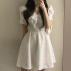 Puff-sleeve V-neck Crinkle Mini A-line Dress