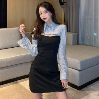 Mock Two-piece Long-sleeve Striped Mini Sheath Dress