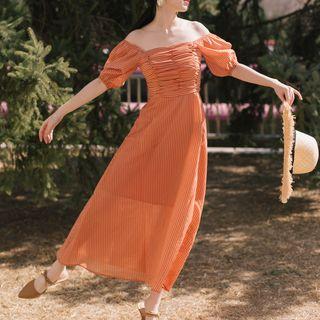 Off-shoulder Maxi Striped A-line Dress