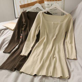 Slit-hem Square-neck Knit Mini Dress
