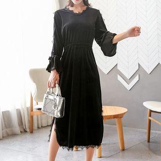Long-sleeve Lace Trim Midi Velvet Dress