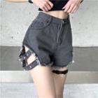 High Waist Washed Distressed Denim Hot Pants