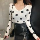 Long-sleeve Polka Dot T-shirt/ Faux Leather Zip-front Mini A-line Skirt