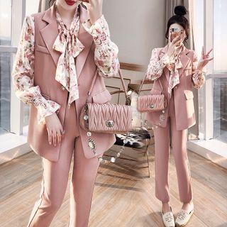 Set: Floral Blouse + Vest + Dress Pants