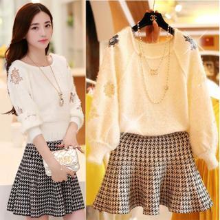 Set: Embroidered Rose Sweater + Houndstooth Mini Skirt
