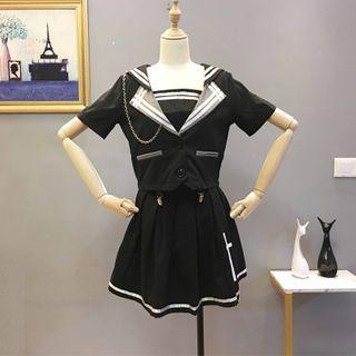 Set: Sailor Collar Short-sleeve Top + Mini A-line Skirt