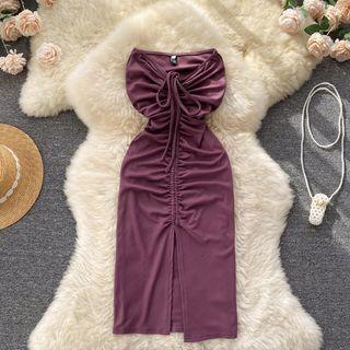 Strapless Drawstring Slit Sheath Dress