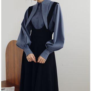 Set: Puff Sleeve Shirt + Suspender Midi Skirt