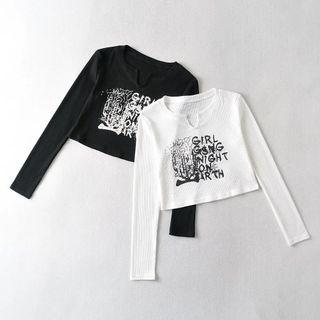 Printed Long-sleeve V-neck Cropped Top