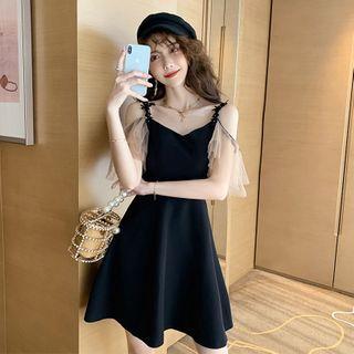 Mesh Panel Cold-shoulder Short-sleeve Mini A-line Dress