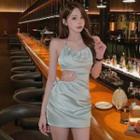 Halter-neck Rhinestone Cut-out Mini Sheath Dress