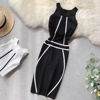 Two-tone Slim-fit Halter Sleeveless Dress