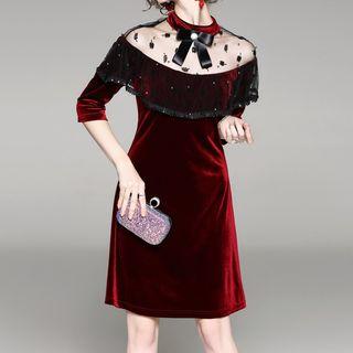 Mesh Panel Velvet Short-sleeve Dress