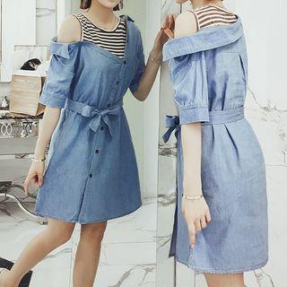 Mock Two-piece Elbow-sleeve Cutout Dress