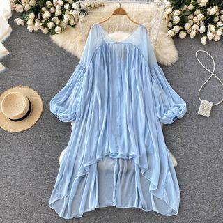 V-neck Lantern-sleeve Asymmetrical Hem Chiffon Dress