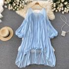 V-neck Lantern-sleeve Asymmetrical Hem Chiffon Dress